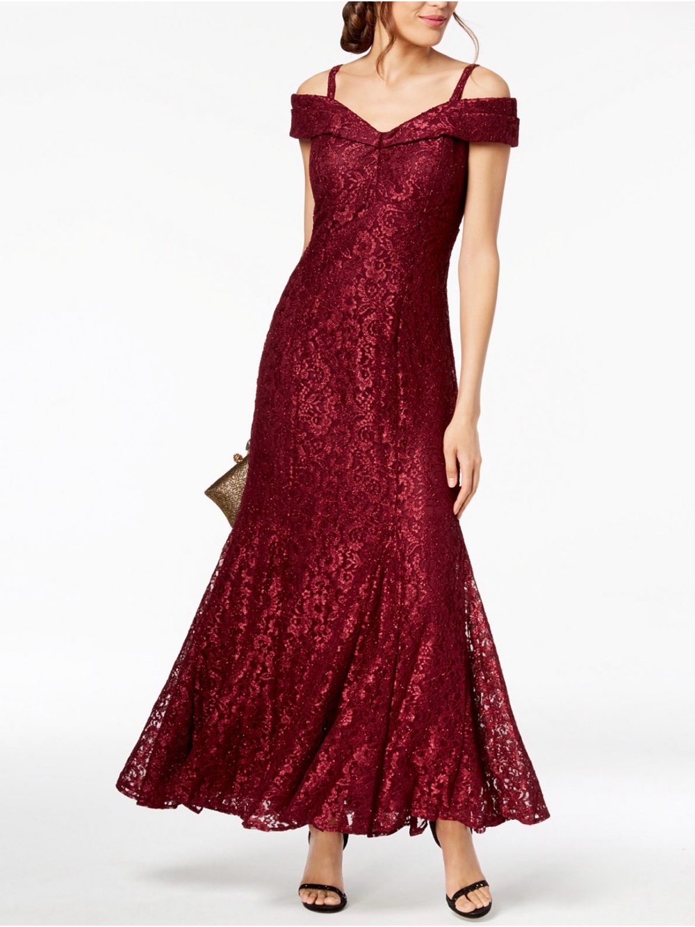 R & M Richards Burgundy One-Shoulder Lace Evening Gown